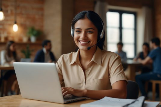 Smiling Indian female employee in wireless earphones make notes watching webinar on laptop, happy young ethnic woman worker in headset talk on video call brainstorm with colleagues online Smiling Indian female employee in wireless earphones make notes watching webinar on laptop, happy young ethnic woman worker in headset talk on video call brainstorm with colleagues online